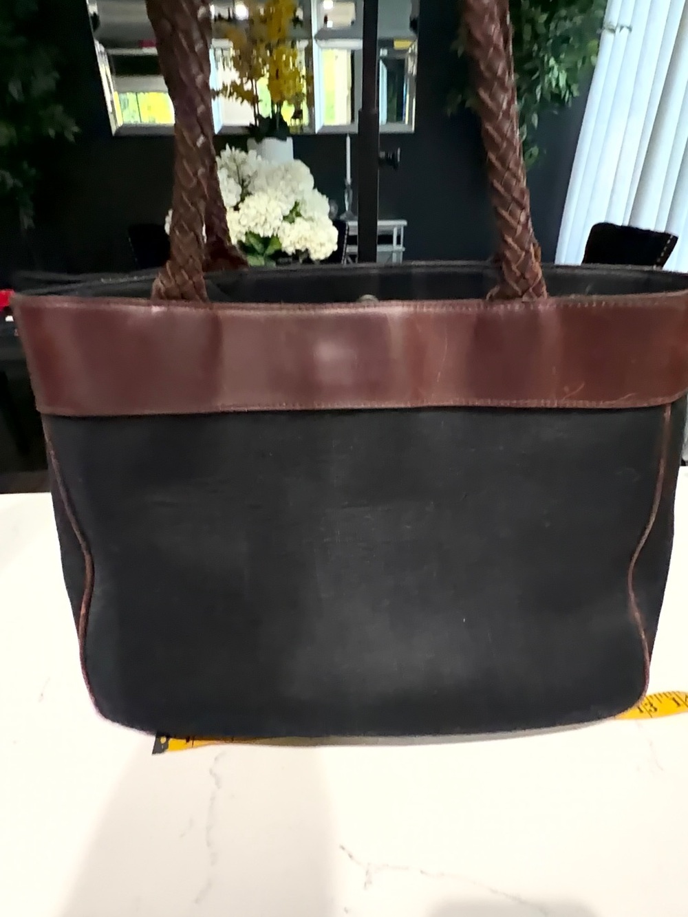 Lauren Ralph Lauren Black Canvas Messenger Tote with Brown Leather Trim